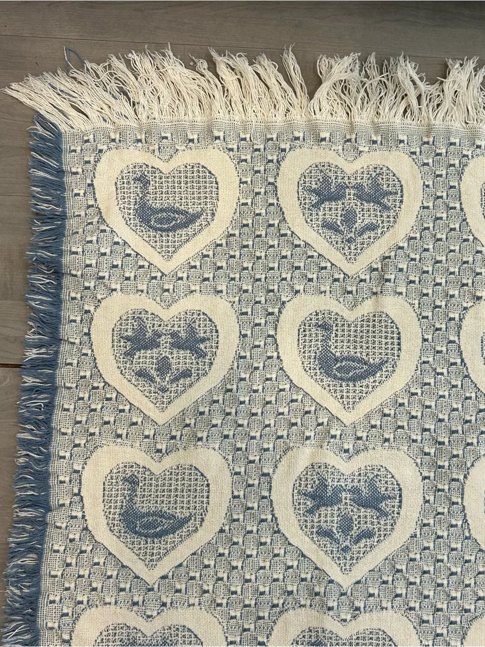 Vtg Woven Tapestry Throw Blanket Hearts Ducks Cottagecore Farmhouse Fringe 44x50